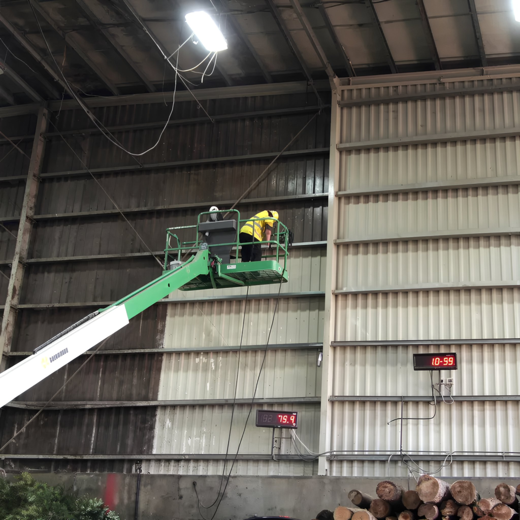 ProWash 88 Commercial Building Pressure Washing using a lift to clean the interior of warehouse walls in Alpharetta GA