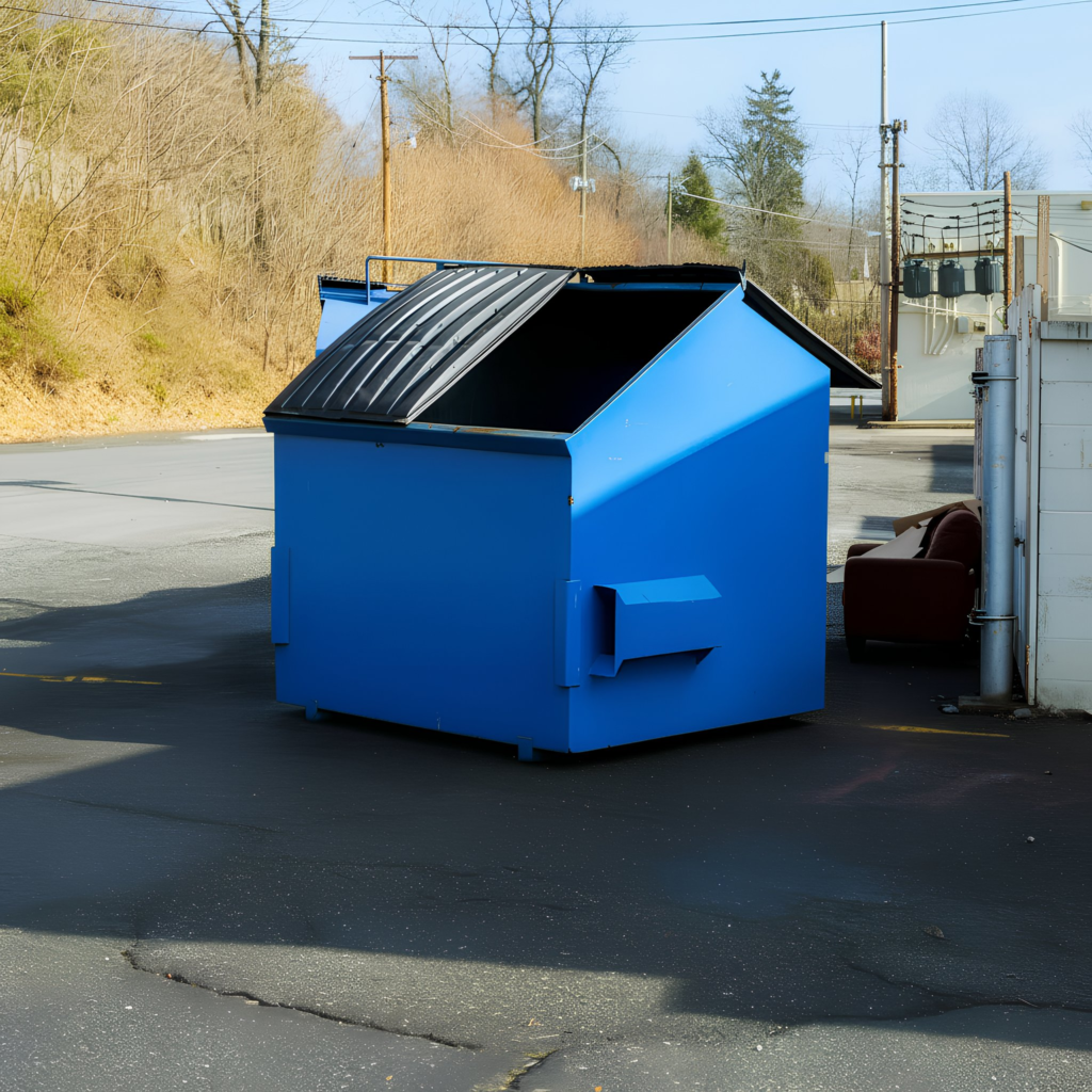 After ProWash 88's dumpster pad cleaning service - two dumpsters and an asphalt dumpster pad that need cleaning