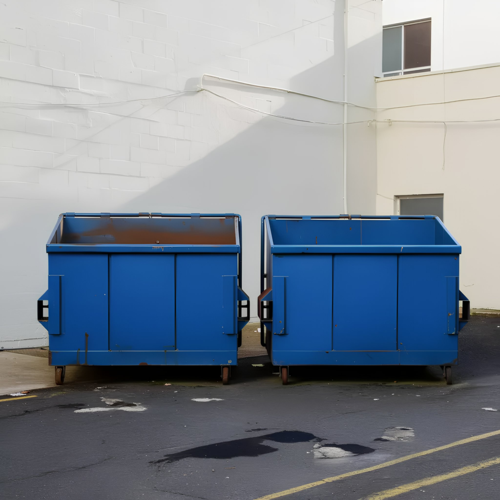 After ProWash 88's dumpster pad cleaning service - two dumpsters and an asphalt dumpster pad that need cleaning